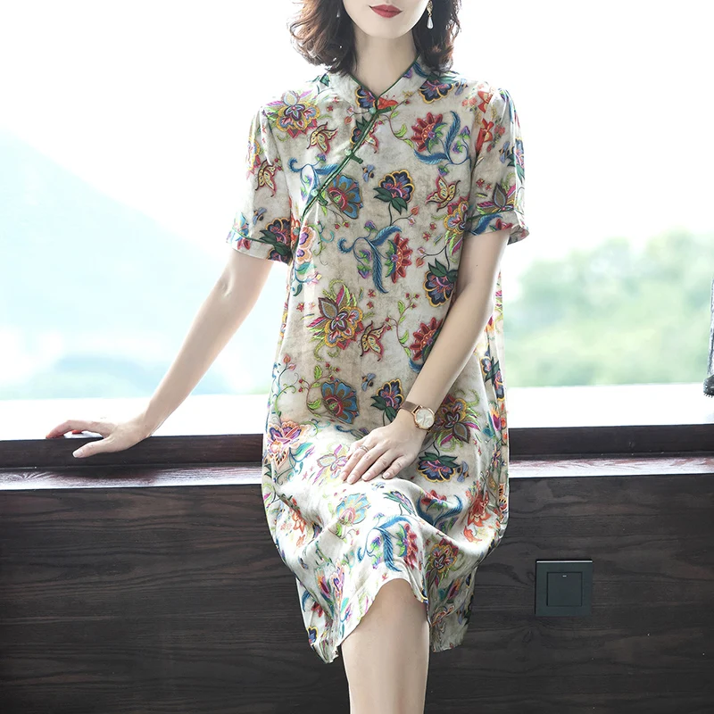 Винтажное женское вечернее платье размера плюс M-4XL, элегантное китайское платье Чонсам с цветочным принтом, летнее женское мини-платье Vestidos - Цвет: Многоцветный