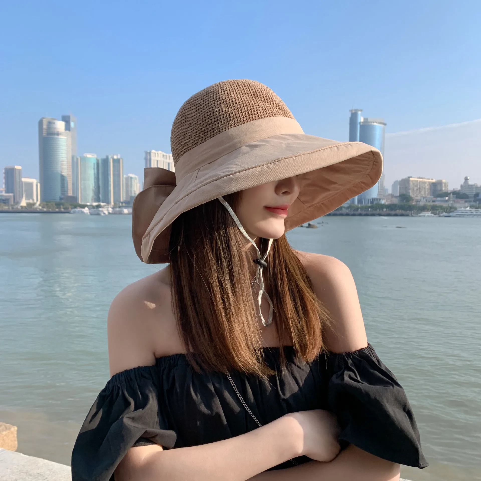 Sun Hat Bow Big Brim Beach Straw Dome 