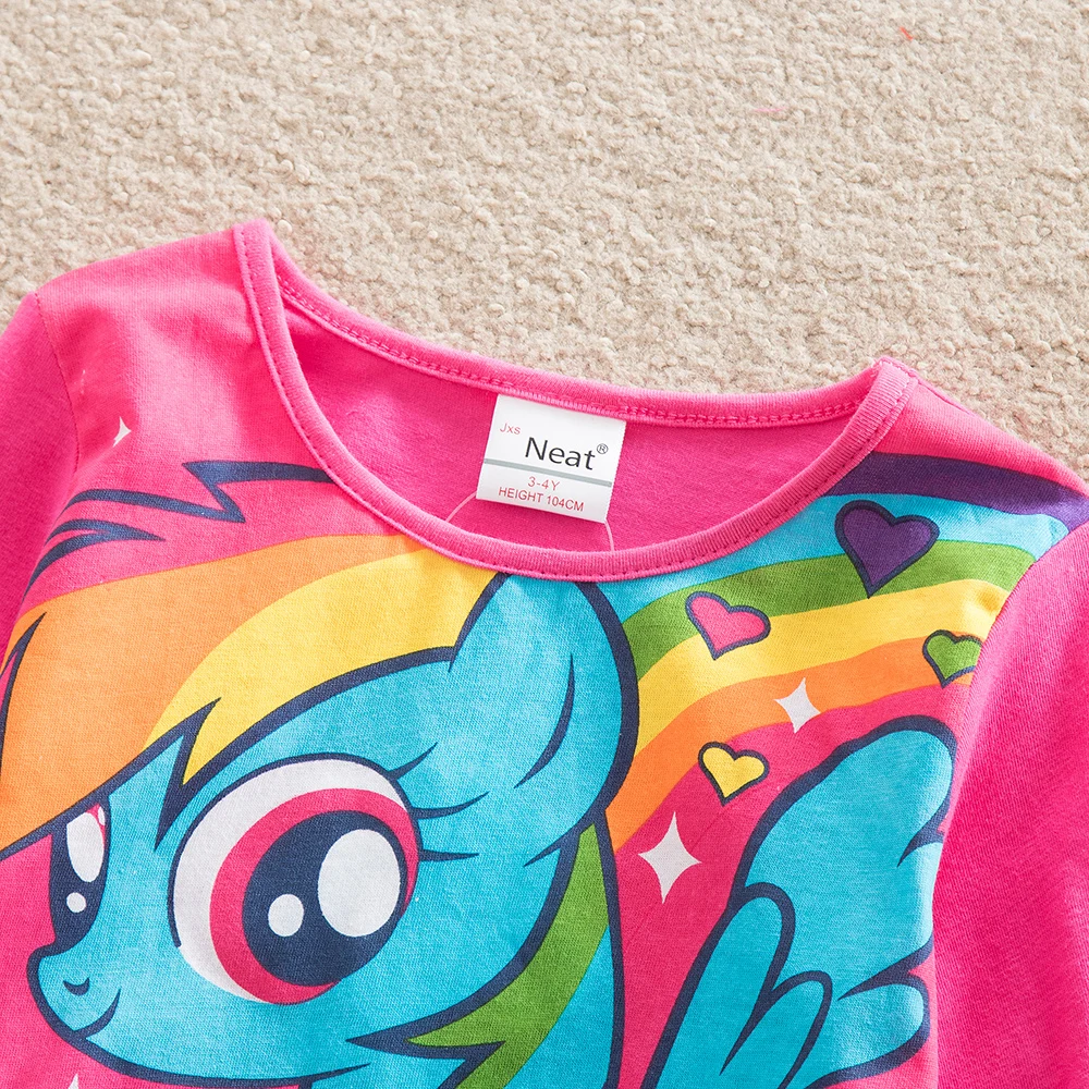 JUXINSU My Baby Girls Little Pony Cartoon Girl Rainbow Long Sleeve Dresses Pony Casual Dress Autumn Winter Home Wear 1-8 Years