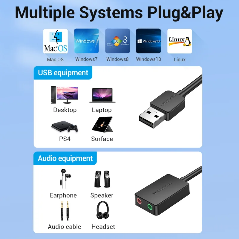 Vention USB 3.5mm 오디오 인터페이스 어댑터, PC 노트북 PS4 헤드셋 마이크용 외부 사운드 카드