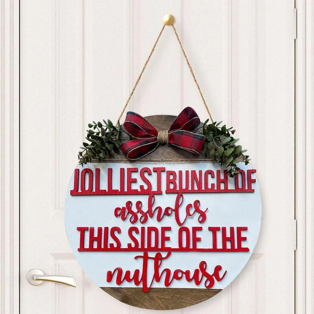 Cartel colgante de Navidad para puerta Delantera, placa con letras de dibujos animados de madera, lazo rojo, estampado cuadros, decoración de pared del hogar para fiesta año nuevo|Colgantes y