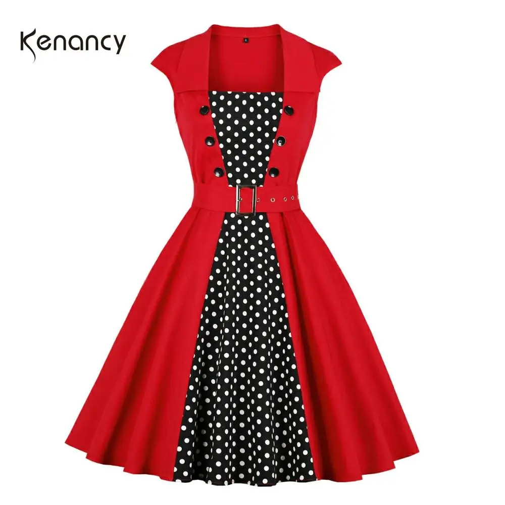 Женское винтажное платье Kenancy красное в горошек с квадратным воротником и