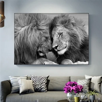 

African Animal Lions Wall Art Poster Prints Lion Head To Head Canvas Painting Black and White Picture for Living Room Home Decor