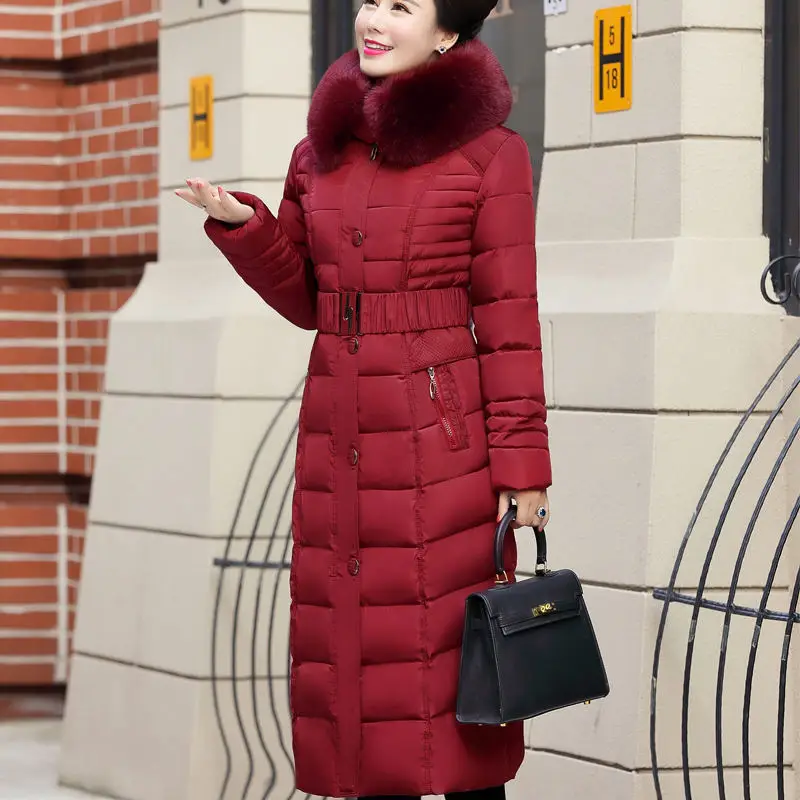 X-Длинная зимняя женская куртка с капюшоном размера плюс 5XL, зимнее пальто с меховым воротником, плотный теплый пуховик, женская верхняя одежда, длинная парка - Цвет: Красный