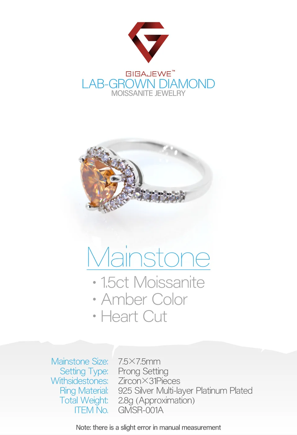 GIGAJEWE Moissanite 7,5 карат 925 мм Золотое серебряное кольцо в форме сердца, ювелирное изделие, модный символ любви, подарок для женщин, подружки