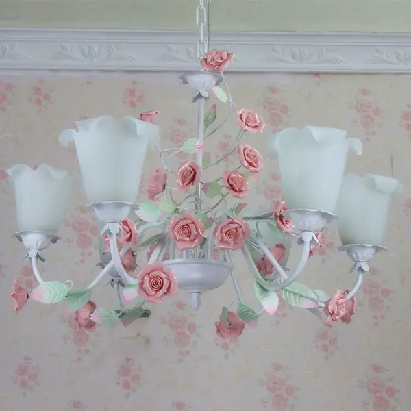 

American Garden Countryside Style Living Room Korean Iron Pink Ceramic Rose Flower Pendant Light 110-240v hanging lamp