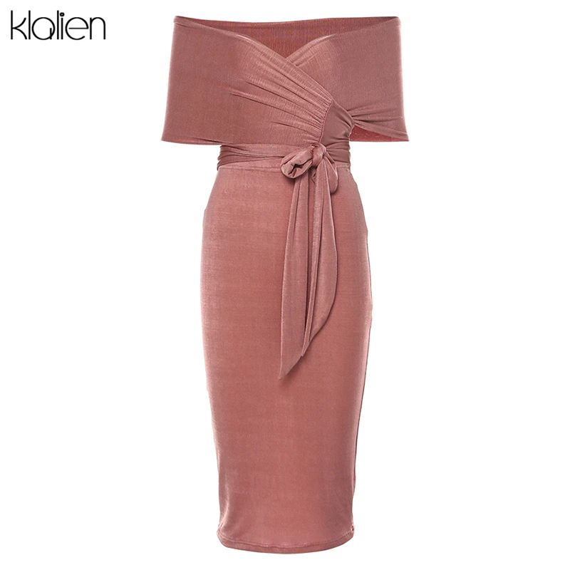 KLALIEN Autumn Elegant stretch Slim off shoulder midi Dress women fall winter Sexy club Party night Strapless bodycon Dress - Цвет: Розовый