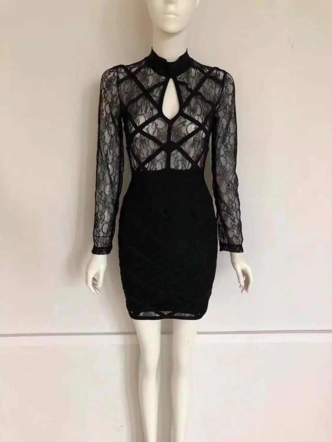 Drop Shipping Hot New Arrival Lace Design Long Sleeves Sexy High Neck Mini Club Celebrity Party Rayon Bandage Dress - Color: Black
