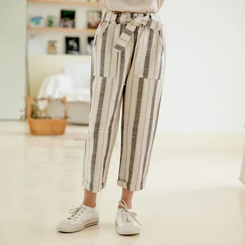 

2020 Spring and Summer Stripe Girls Pants Kids Cotton and Linen Casual Pants for Girls New Baby Girls Loose Casual Pants, #8446