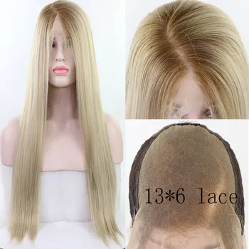 

BM 13*6 Large Lace Straight Synthetic Lace Front Wig Brown Roots Ombre Light Blonde Heat Resistant Fiber Hair For Women Wigs