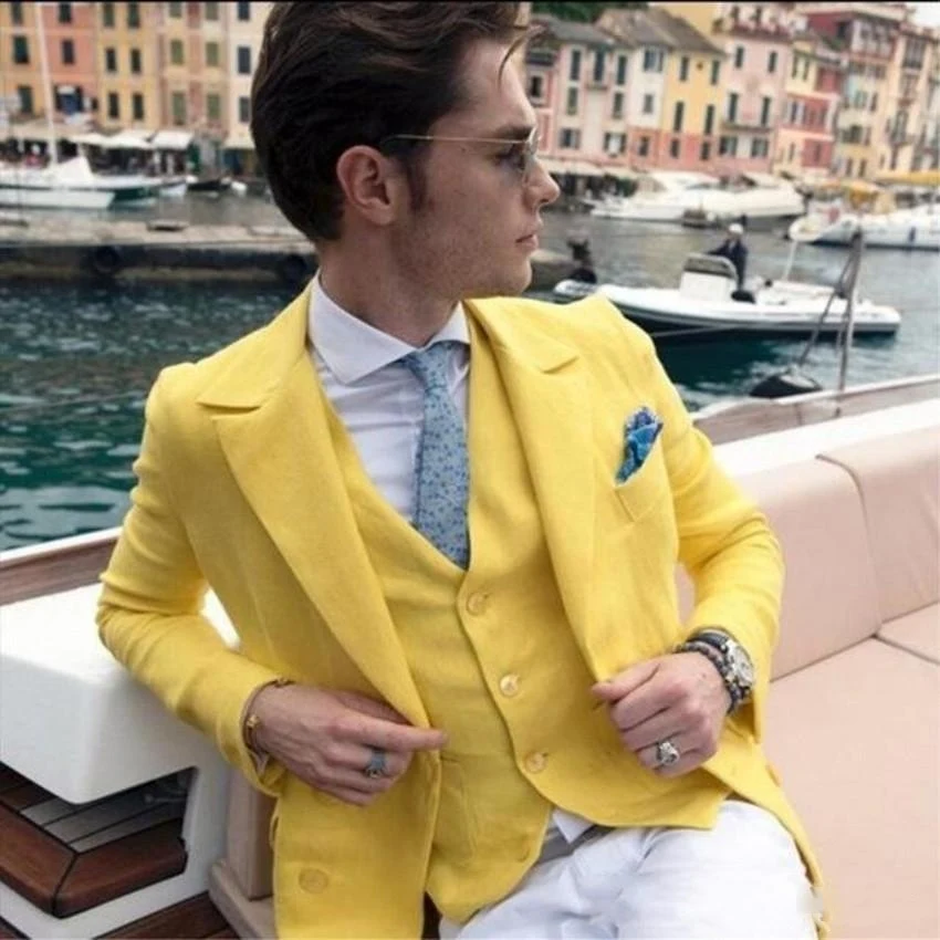 " брендовый желтый смокинг жениха с тупым отворотом Slim Fit Мужские свадебные смокинги Мужская Куртка Блейзер Мода 3 шт(куртка+ брюки+ жилет - Цвет: as picture