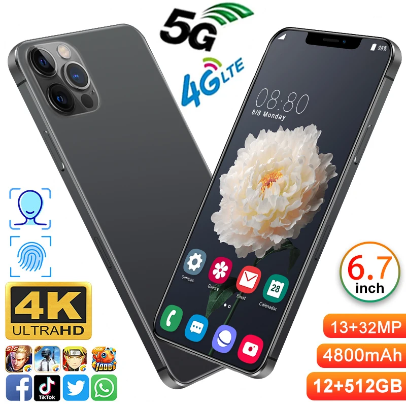 Global Version phone 12 Pro max 10 cores 12GB+512GB 13+32MP 4800mah Android system  Fingerprint face ID Smartphones