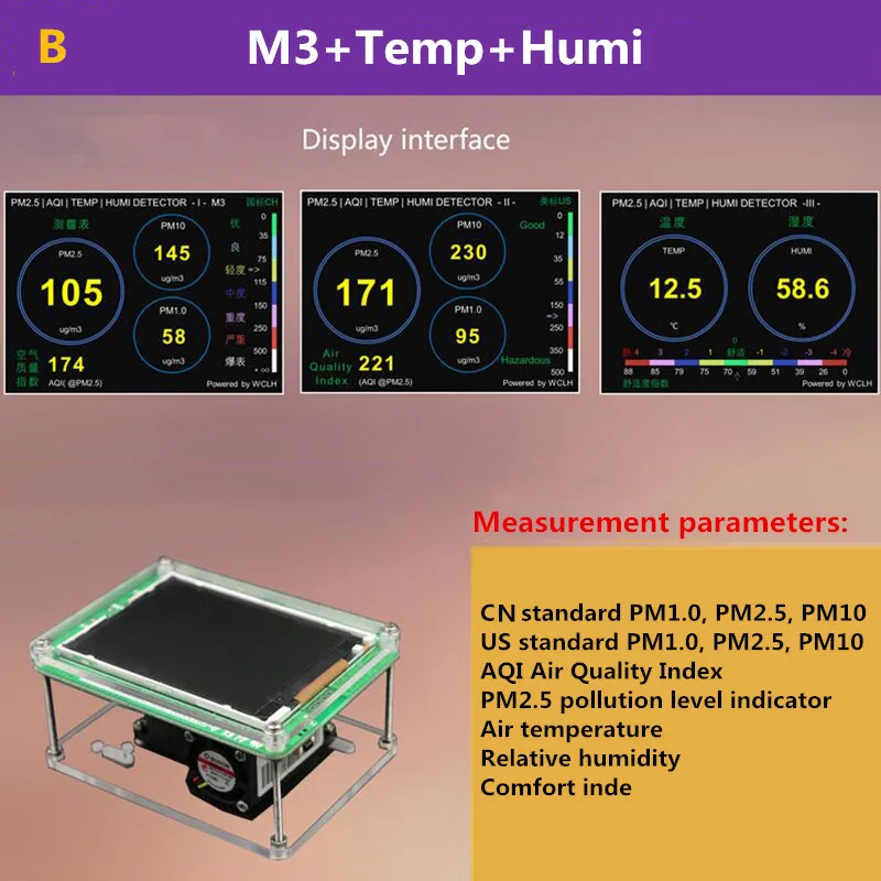 B M Series Household Laser Particulates PM2.5 PM1.0 PM10 TEMP&HUMI AQI Detector Professional Air quality monitor English version Y - Цвет: B
