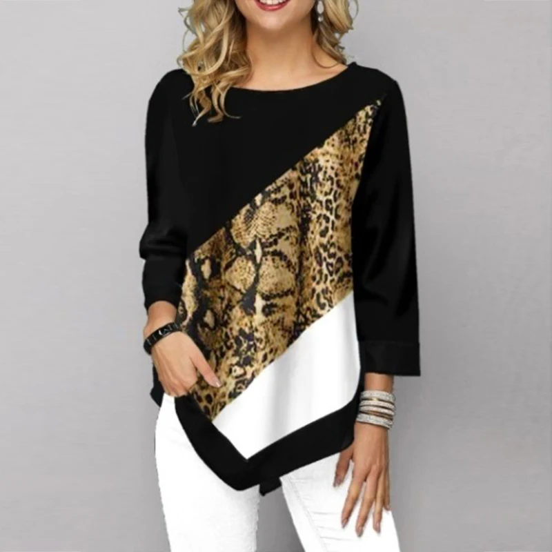 Женские рубашки с цветочным принтом в стиле пэчворк, блузы с асимметричным подолом, повседневные топы с круглым вырезом и рукавом три четверти, женские туники размера плюс - Цвет: Leopard