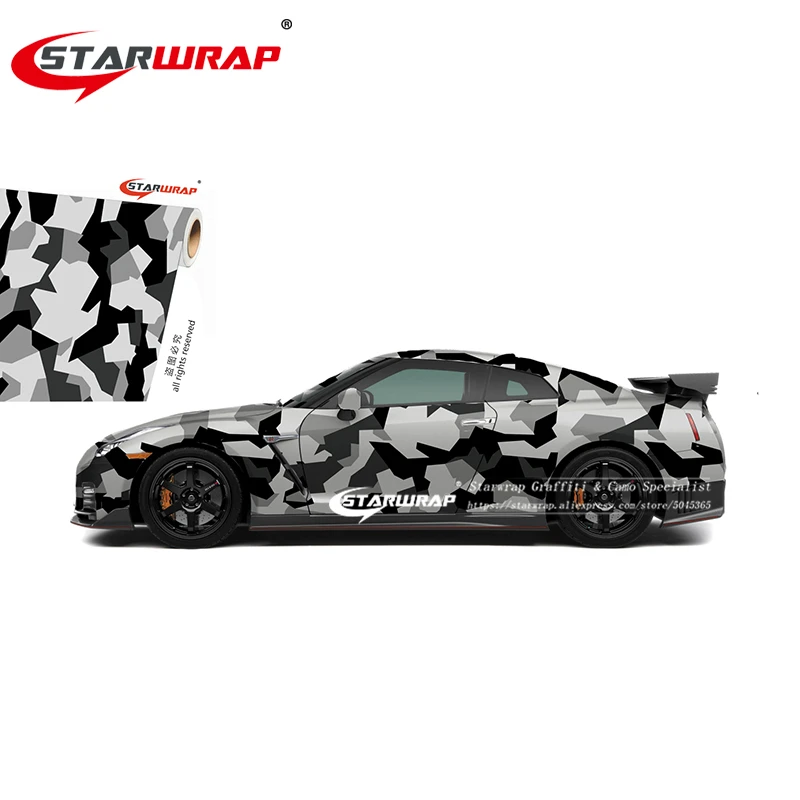 

Starwrap Camo Sticker Bomb Vinyl Wrap Black Grey White Snow Camouflage Vinyl 5/10/15/20/25/30m Camouflage Vinyl Film Air Drain