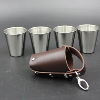 

4 Pcs/Set 70ml Portable Beer Cup Set with Key Chain Wine Cup Set Stainless Steel Whiskey Glasses for Camping Travel