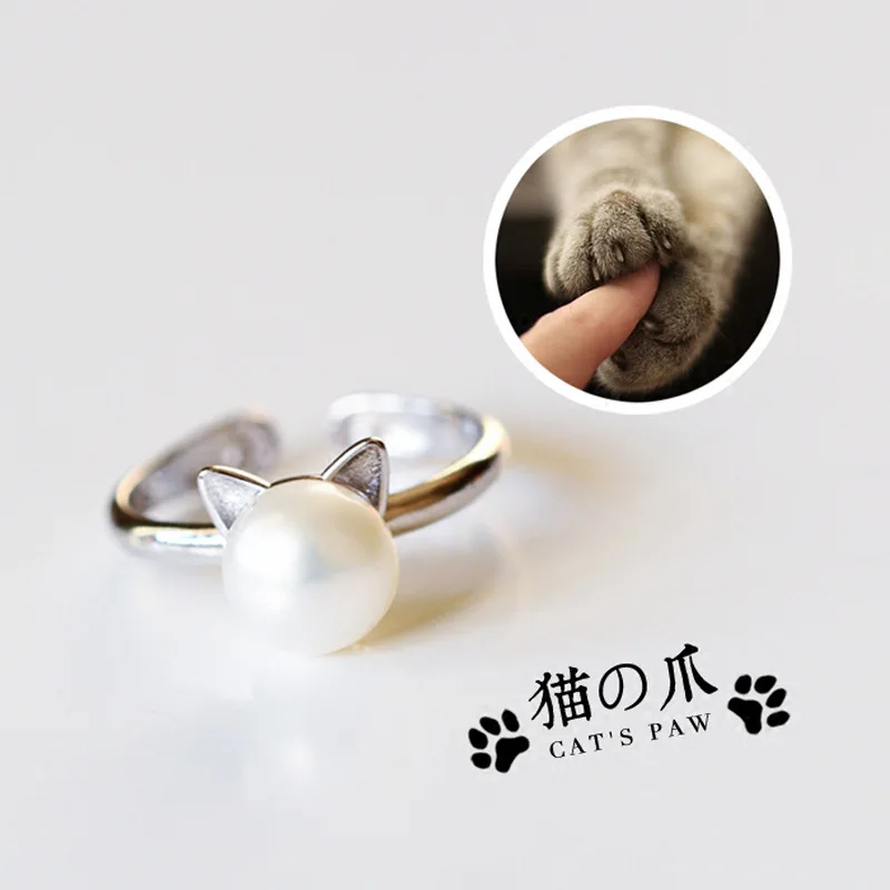 Silver Color Cat Imitation Pearl Open Ring Handmade Design Animal kitten Finger Rings For Girls Women Gift Simple jewelry | Украшения и