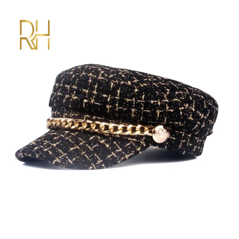 Luxury Tweed Design Golden Chain Decoration Army Military Caps Women Newsboy Cap Elegant Thick Plaid Salior Octogonal Hat