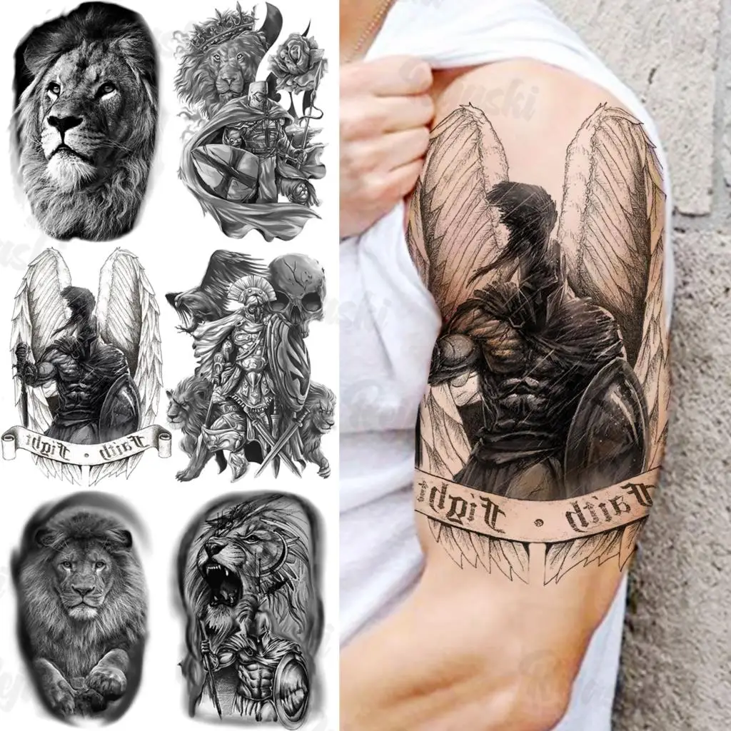 Tatouage Aile D ange Avant Bras Femme Faux Tatouages Temporaires Pour Hommes Et Femmes, Autocollant De Bras,  Motif Aile D'ange Guerrier Noir, Fleur De Lion Réaliste, Étanche - Tatouages  Éphémères - AliExpress