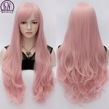 

MSIWIGS Long Pink Natural Wave Cosplay Wigs African American for Women Heat Resistant Synthetic Fake Hair Piece with Side Bangs