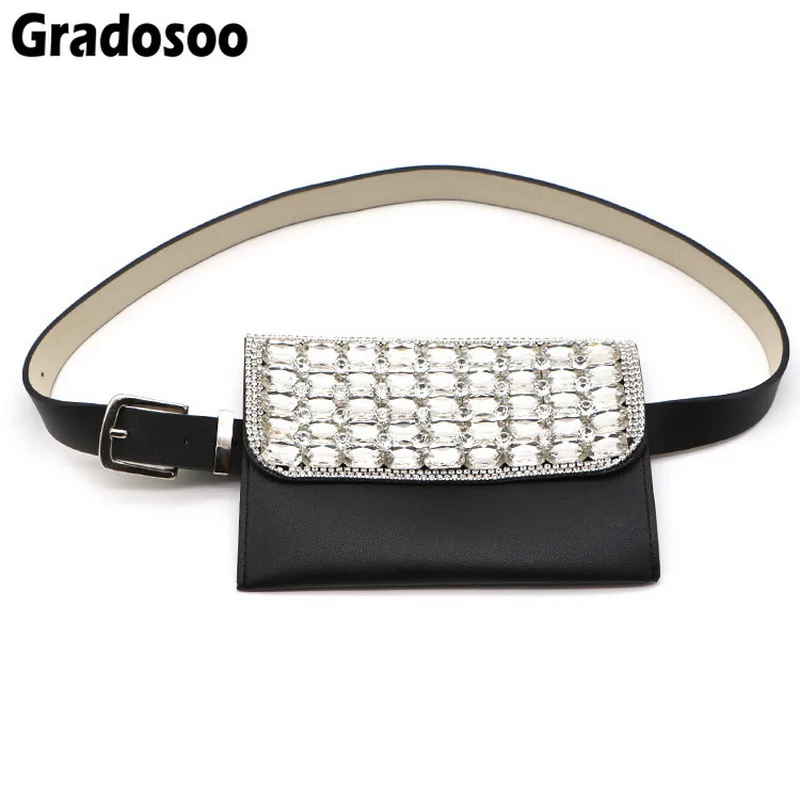 

Gradosoo Diamonds Design Belt Waist Bag Women PU Leather Fanny Pack Female Bag Fashion Lady Travel Money Phone Belt Bags LBF299