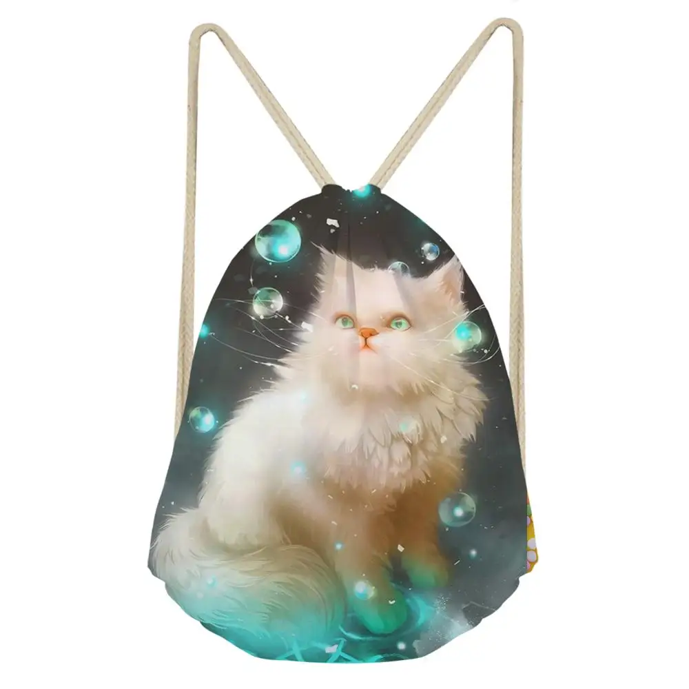 HaoYun Women's Mini Drawstring Backpack Fantasy Cats Pattern Beach Shoes Pockets Cartoon Animal Print Girls Travel Organizer Bag