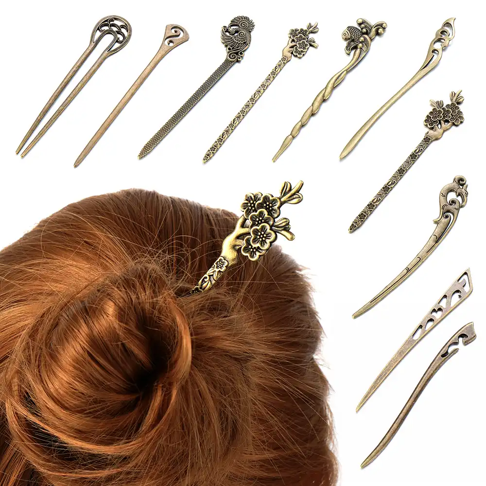 Stylish Women Antique Metal Gold Leaf Pearl Hair Stick Hair Chopsticks Hairpins