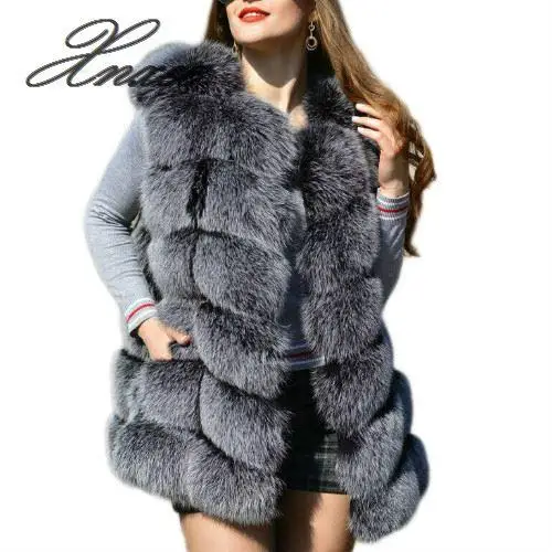 

Faux Sliver Fox Fur Vest Women Winter Fashion Medium Long Artifical Fox Fur Vests Woman Warm Fake Fox Fur Coats Female Ladies