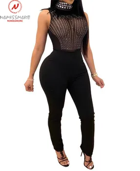 

Sexy Women Summer Sleeveless Jumpsuits Rhinestone Design Mesh Patchwork See Through Stand Collar Slim Hips Pullovers Jumpsuits