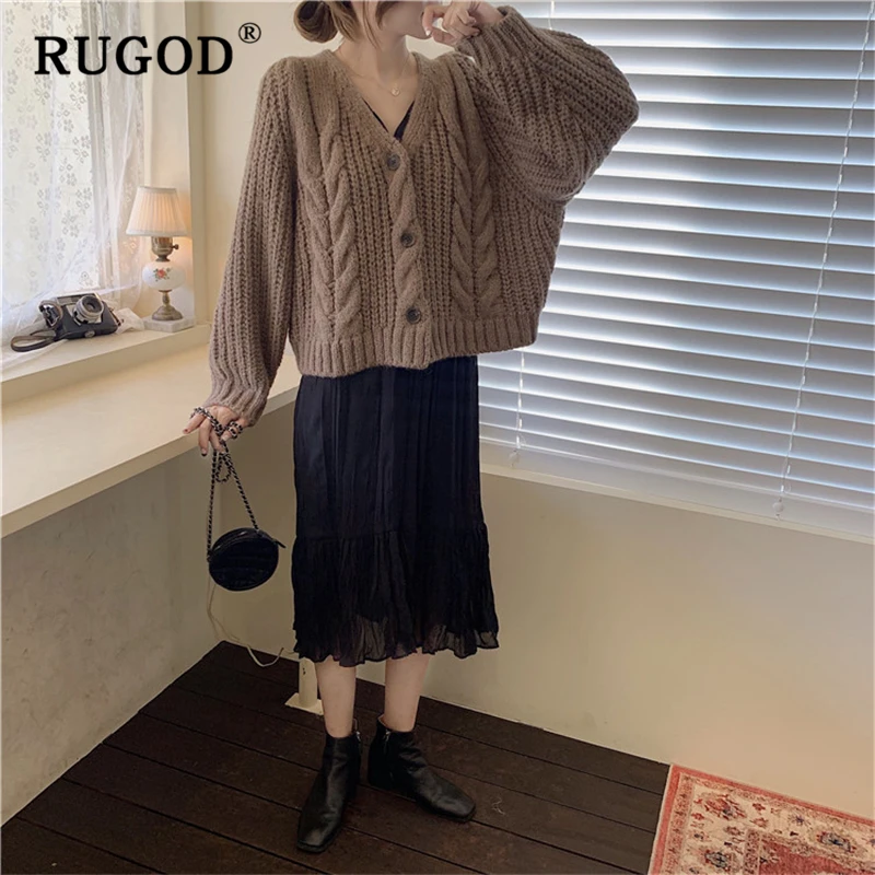 RUGOD, винтажный однотонный вязаный кардиган, свитер, женский, элегантный, однобортный, витой, осенняя, зимняя одежда для женщин,, повседневное пальто