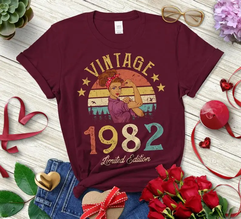 Camiseta Retro Vintage de edición limitada para mujer, ropa de algodón para mujer de 39 cumpleaños, camisetas de manga corta con cuello redondo a la moda 1982