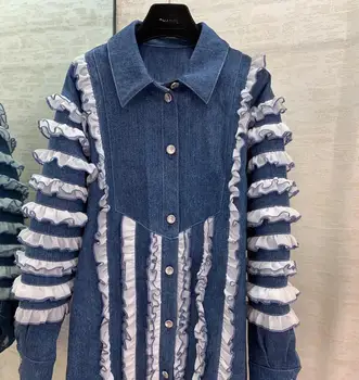 

Blue Denim Jackets Women High-end Fashion Sweet Chic Ruffles Patchwork Turn-down Collar Buttons Cotton Coats Street Jackets 2020