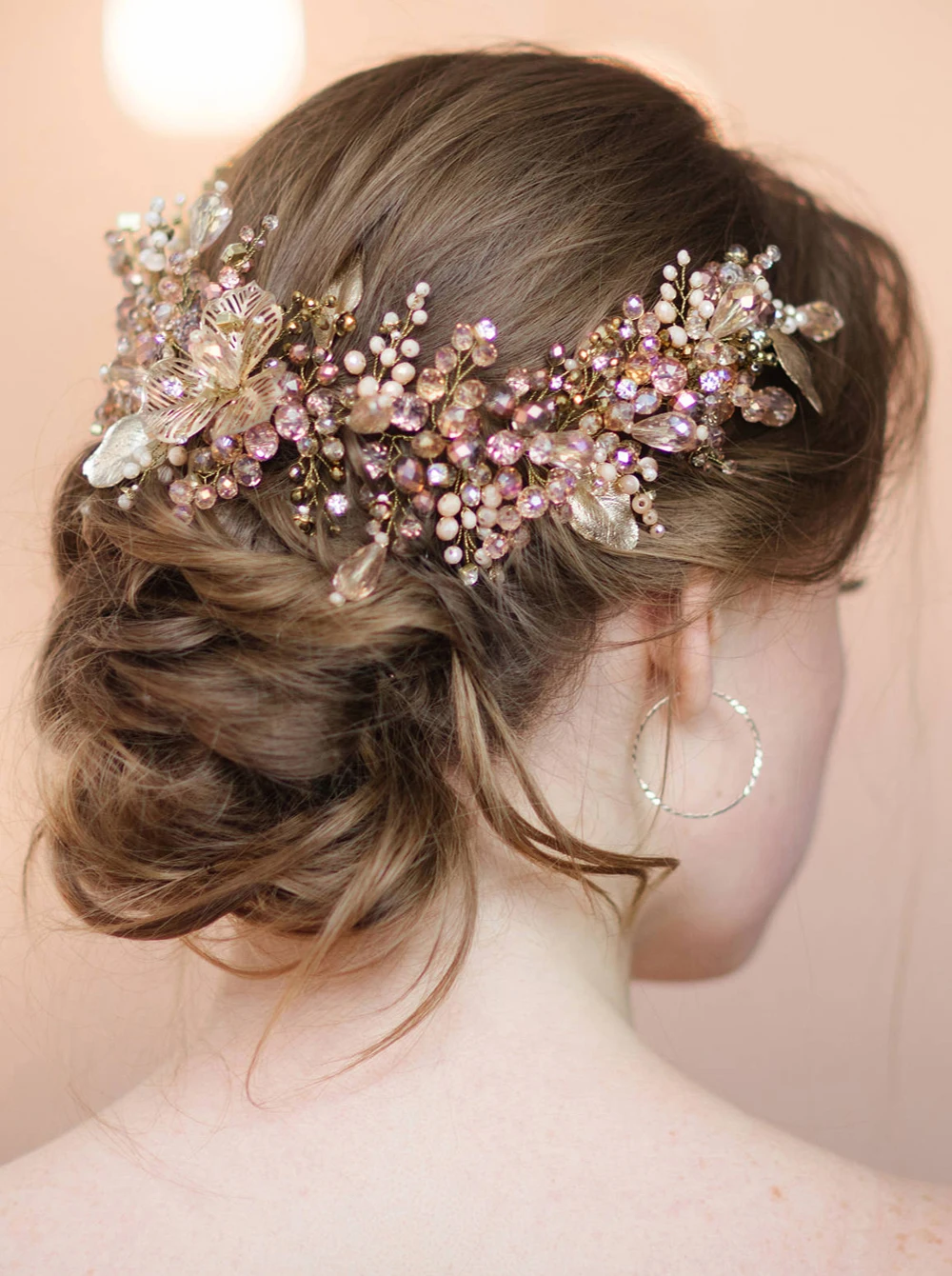 Brideamaid Flower Headband Gold Pink Crystal Wedding Hair Vine Hairpiece Bridal Hair Accessories