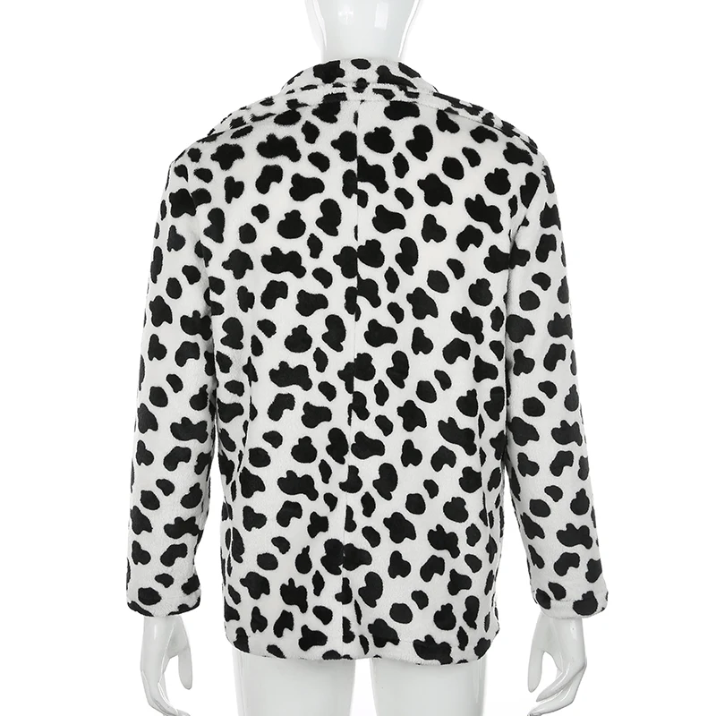 HEYounGIRL Cow Animal Printed Teddy Bear Coat Autumn Winter Fluffy Faux Fur Suit Jacket Double Breasted Overcoat Streetwear