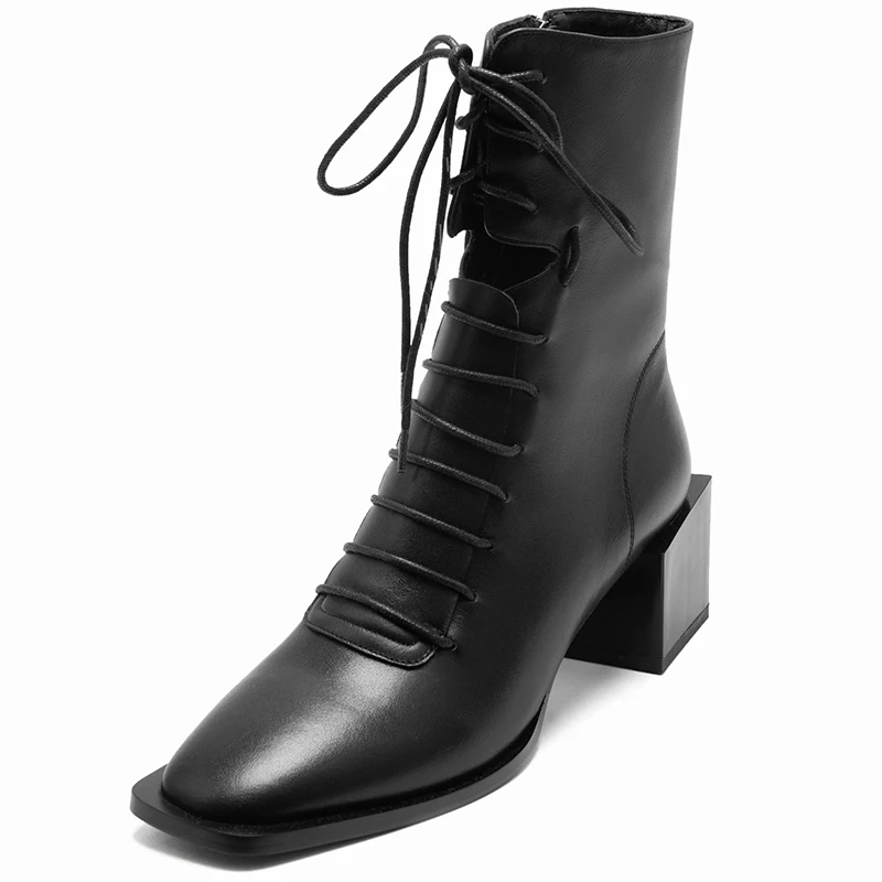 INS HOT Women ankle boots natural leather 22-25.5CM Square toe Outdoor fashion leisure shoes Hollow Wearable in all seasons