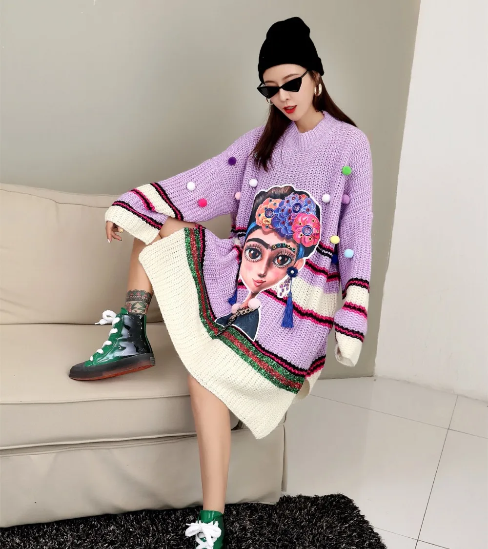 SexeMara ffashion новые свободные вязаные свитера с кисточками и рисунком из мультфильма с блестками