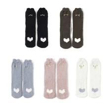 Осенне-зимние женские коралловые флисовые Носки, домашние носки-трубы средней высоты, милые плотные теплые носки-тапочки с когтями для сна