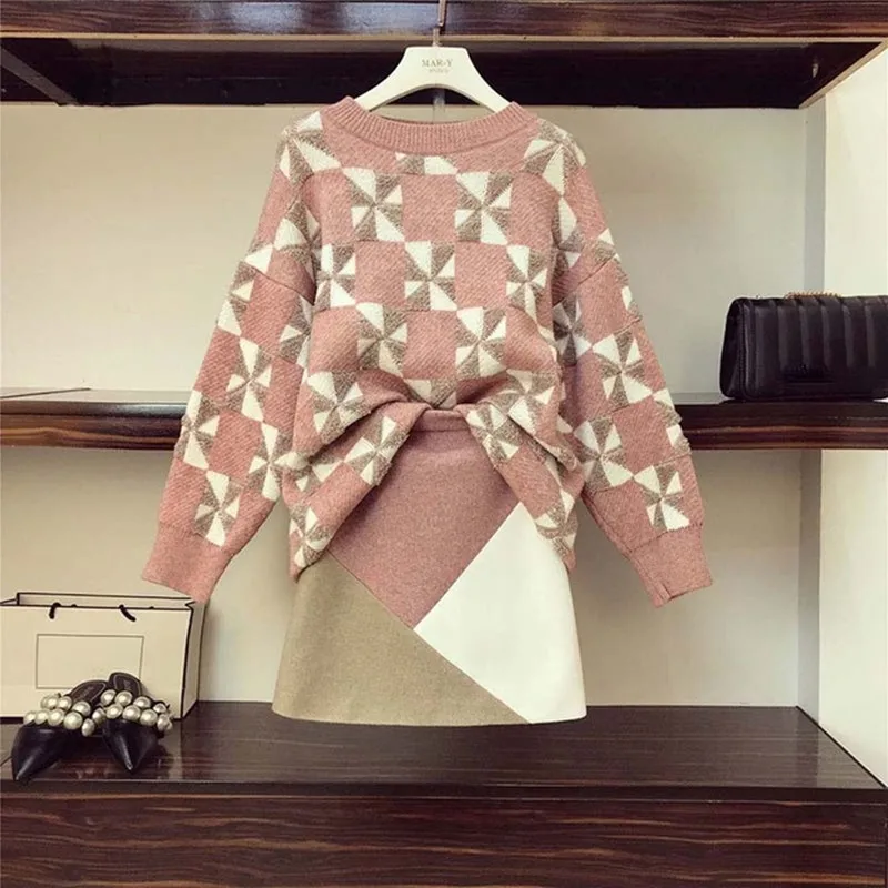 Plus Size M-4XL Knitting Sweater Suits 2 Pieces Set Women Hit Color Pullovers+ Skirt Fashion Korean Cute Patchwork Tops Skirts - Цвет: suit