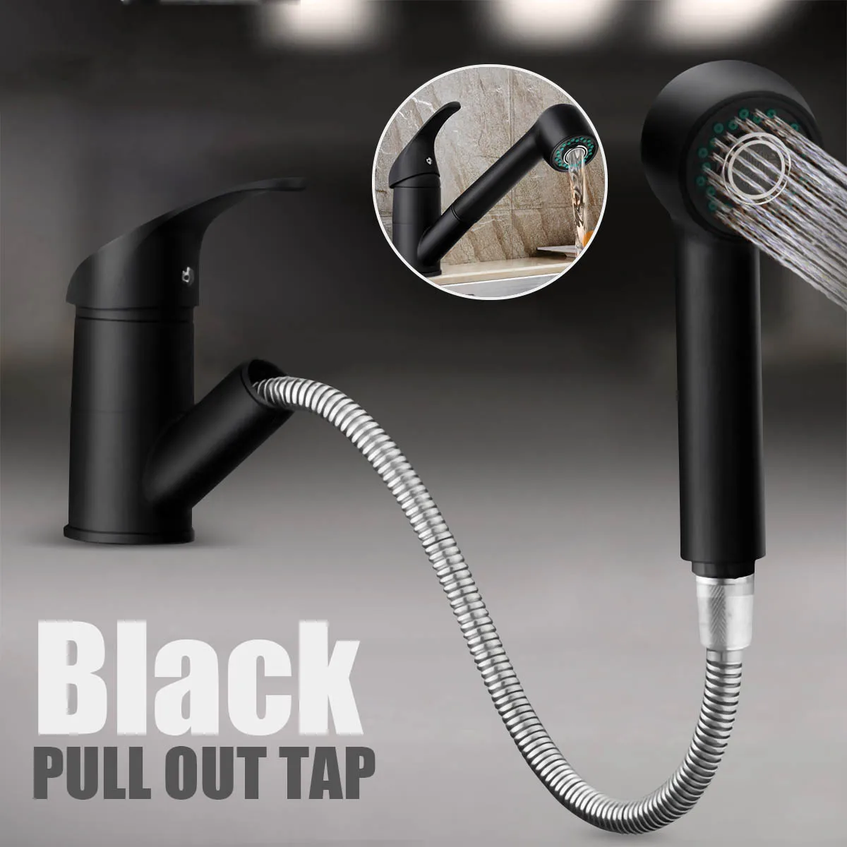 

Xueqin Black Pull Out Spray Kitchen Basin Sink Water Faucet 360 Degree Rotation Mixer Tap Spout Bathroom Hot Cold Water Faucet