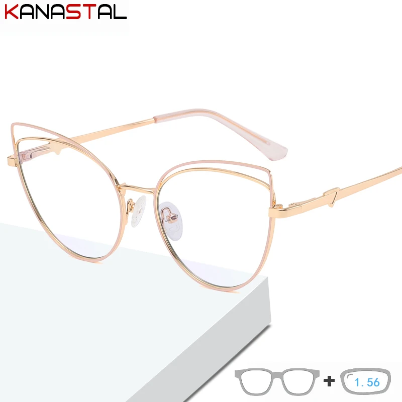 Women Anti Blue Light Blocking Glasses Metal Cateye Eyeglasses Frames Eyewear Prescription Optics Myopia Hyperopia Glasses 1.56 reading glasses with blue light filter