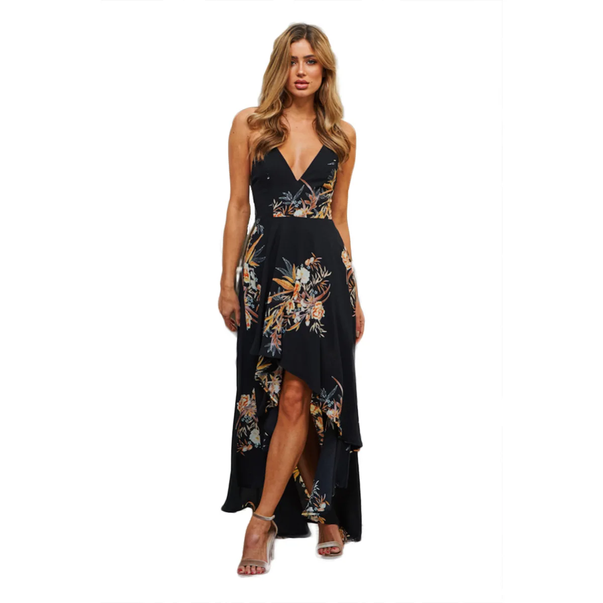 

2019 Summer New Style Bohemian Style Sexy Deep V Elegant Large Flower Printed Elegant Big Hemline Dress Women's