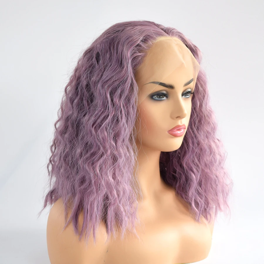 150% плотность лаванда фиолетовый вьющиеся синтетические парики на кружеве со средней частью для женщин без клея Реалистичная повседневная одежда для макияжа, париков