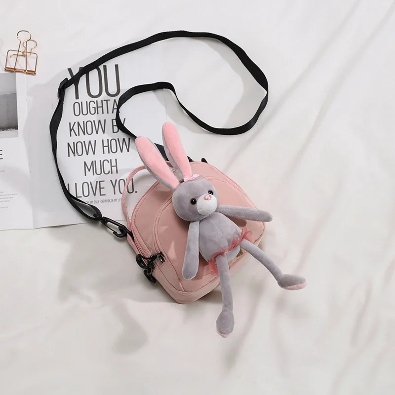 

2020 New Style Cute Women's Rabbit Pendant Shoulder Bag Casual Nylon Square Sling Bag Mobile Phone Bag