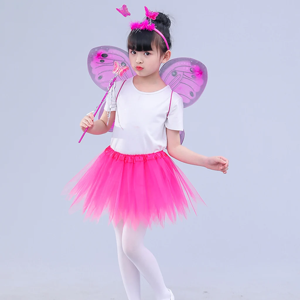 Костюм феи для взрослых и детей, 4 шт., светодиодный костюм, имитация крыльев бабочки, остроконечная юбка-пачка, повязка на голову, волшебная палочка, нарядное платье принцессы для девочек
