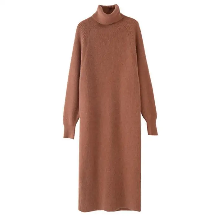 Коричневый Knitted Sweater Dress Women Autumn Winter Warm Long Turtleneck Korean Ladies Knitting Cashmere Dresses Female Pullovers - Цвет: Коричневый