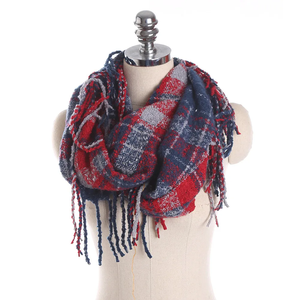 W4 женские зимние шарфы теплый шарф Tessel прошитая Длинная шерстяная шаль в клетку мягкий шейный ветрозащитный мягкий шарф женский шейный платок - Цвет: Red