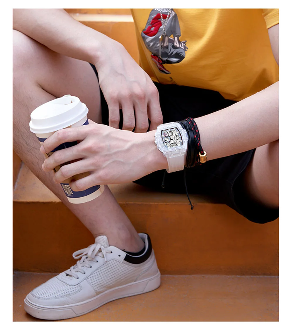 ONOLA брендовые дизайнерские пластиковые часы мужские повседневные Уникальные Роскошные Кварцевые наручные часы мужские Квадратные прозрачные белые спортивные мужские часы