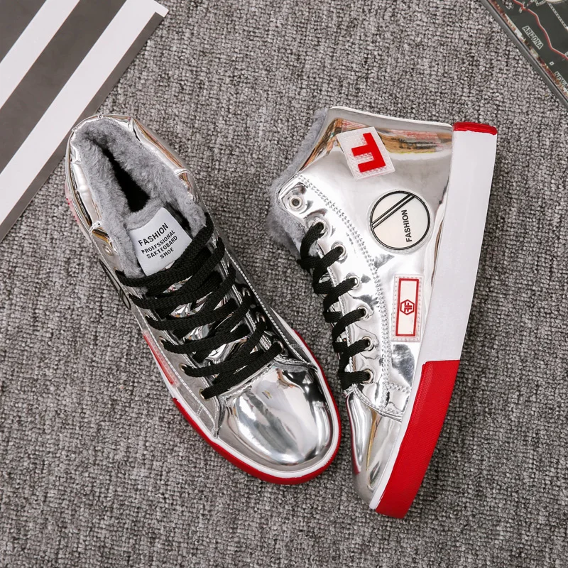 Winter Ankle boots Men Shoes luxury brand Fashion Leather Boots For Men Casual Waterproof Flat Male Shoes chunky Sneakers - Color: silvery Plus velvet