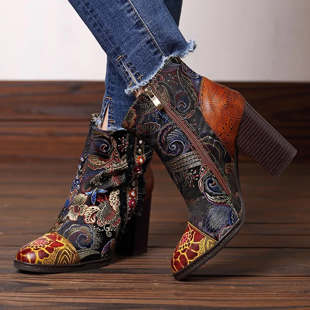 

Women Folk Custom Pattern Embossed Sexy High Heel Boots Shallow Fashon Embroidered Stitching Ankle Boot Patchwork New Style Shoe