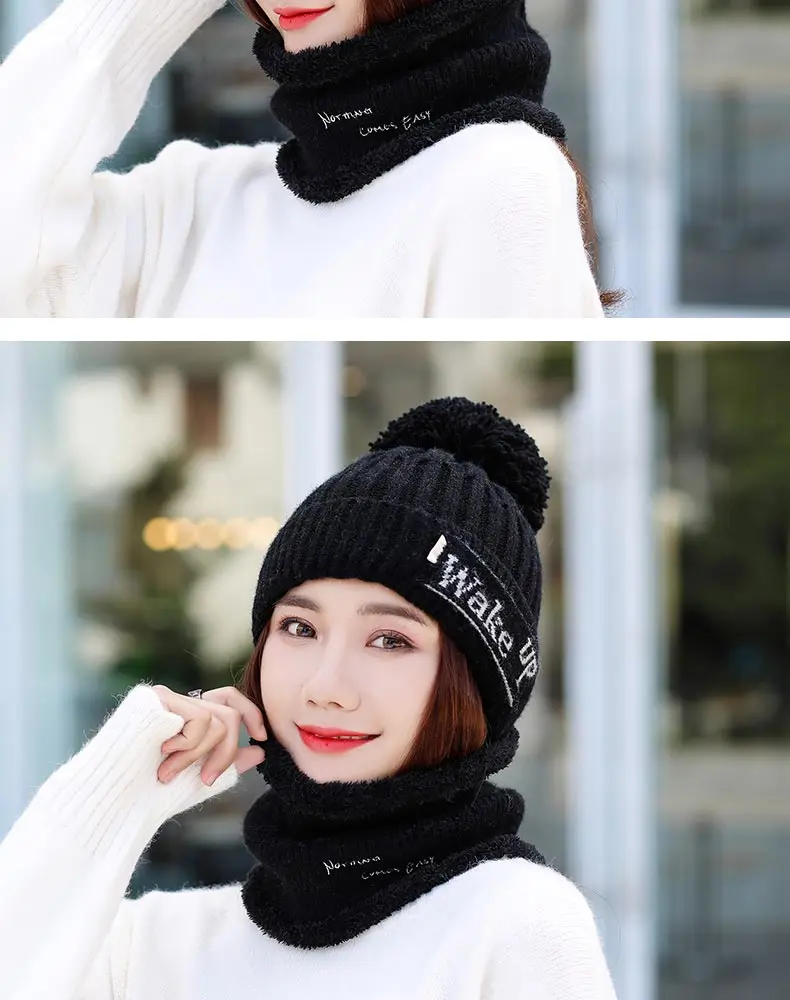 2019 новая вязаная зимняя шапка, шарф, набор, женские толстые хлопковые шапки-бини и шарф с кольцом, женские вязаные зимние аксессуары